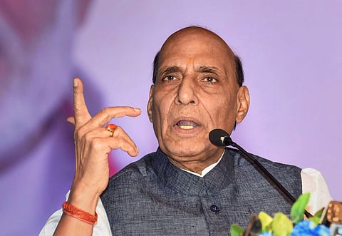 Union Defence Minister Rajnath Singh speaking at an awareness meet in Patna on Sunday. (Photo | PTI)