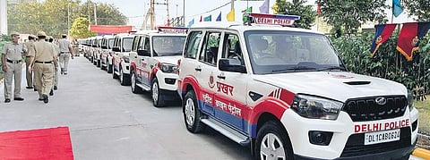 Delhi Police vehicles stand in a row after MoS Home Affairs G Kishan Reddy inaugurated the Emergency Response Support (ERSS) and PRAKHAR (Street Crime Patrols), at Shalimar Bagh, in New Delhi| ( Photo | PTI )