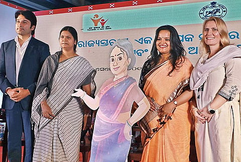 Women and Child Development and Mission Shakti Minister Tukuni Sahu launching mascot of Tiki Mausi at a function in Bhubaneswar on Thursday | Irfana