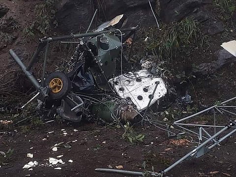 The mangled remains of the Indian Army helicopter Cheetah that crashed in Bhutan on Friday afternoon. (Photo | EPS)