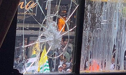 A damaged window pane after protests outside Indian High Commission in London turned violent. (Photo | @HCI_London/Twitter)