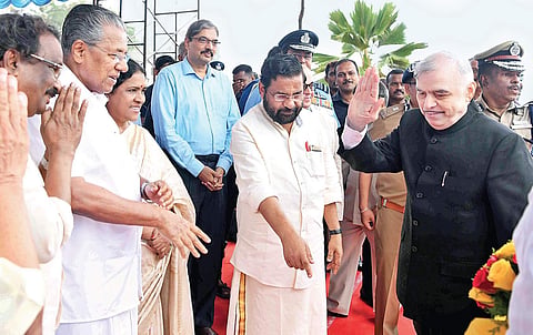 Chief Minister Pinarayi Vijayan, his wife Kamala and ministers at the Thiruvananthapuram airport to see off Governor P Sathasivam who demitted office on Wednesday | express