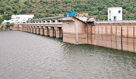 Srisailam reservoir at the halfway mark on Monday (Photo |EPS)