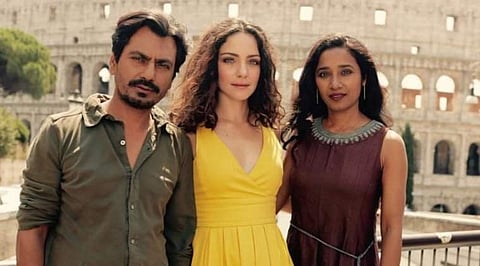 Actors Nawazuddin Siddiqui andValentina Corti with 'Roam Rome Mein' director Tannishtha Chatterjee.