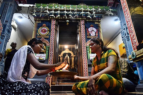 Transgender priestess Ravi Amma at the Thiruvengatamudayan Krishnamari Amman in Washermenpet. (Photo | Jawahar P, EPS)