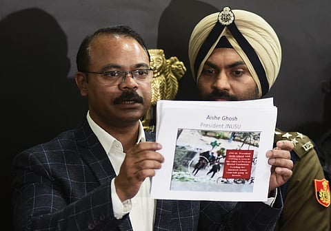 Dr Joy Tirkey, DCP/Crime showed images of possible suspects during a press conference. (Photo | Parveen Negi, EPS)