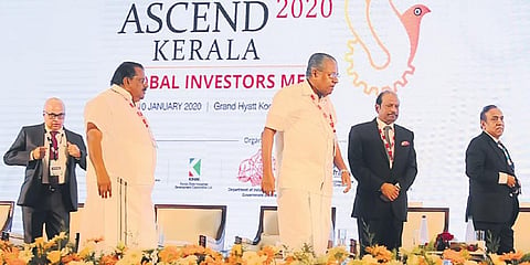Chief Minister Pinarayi Vijayan, Industries Minister E P Jayarajan, second left, Chief Secretary Tom Jose, left, and industrialists Yusuffali M A, second right, and Ravi Pillai at the Global Investor Meet ASCEND-2020 in Kochi on Thursday | A Sanesh