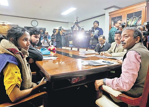JNUSU president Aisha Ghosh during a meeting with MHRD Secretary Amit Khare. (Photo | Shekhar Yadav)