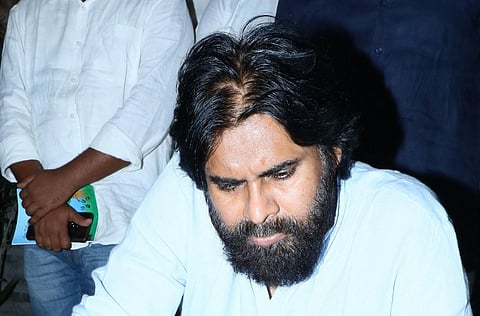 Jana Sena chief Pawan Kalyan during a meeting with farmers at his office in Mangalagiri in Guntur district on Friday| Express