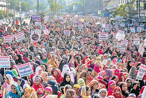 Women participate in a rally against the CAA and NRC in Kota, Rajasthan. (Photo | PTI)