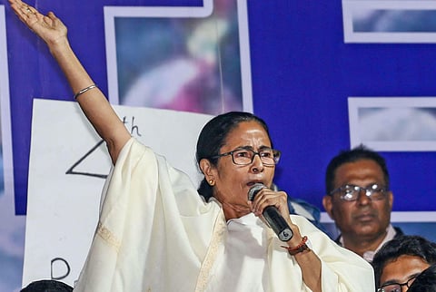 West Bengal Chief Minister Mamata Banerjee speaks during a march against CAA NRC and NPR in Kolkata Monday Jan. 13 2020. (Photo | PTI)