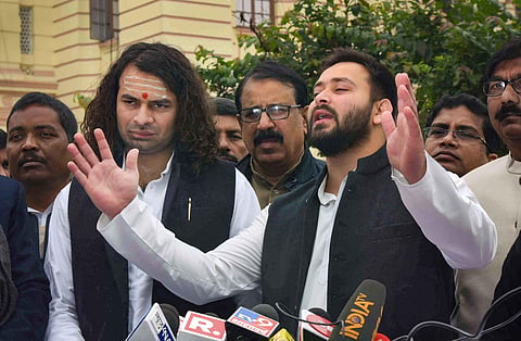 Rashtriya Janta Dal leader Tejaswi Yadav speaks to media outside Bihar Legislative Assembly during a special session in Patna Monday Jan. 13 2020. (Photo | PTI)