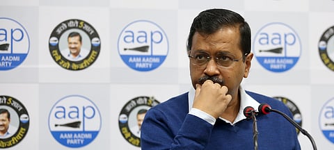 Delhi Chief minister Arvind Kejriwal addressing a press conference at party office in New Delhi on Thursday. (Photo | EPS/Shekhar Yadav)