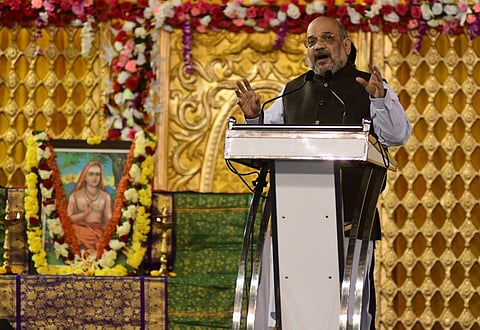 Home minister Amit Shah addressing crowd at Palace Grounds in Bengaluru. (Photo | Shriram BN, EPS)