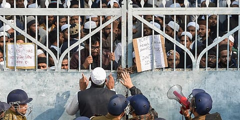 Lucknow Police force outside Darul Uloom Nadwatul Ulama college as students protest against the amended Citizenship Act and indulged in stone pelting. (File | PTI)