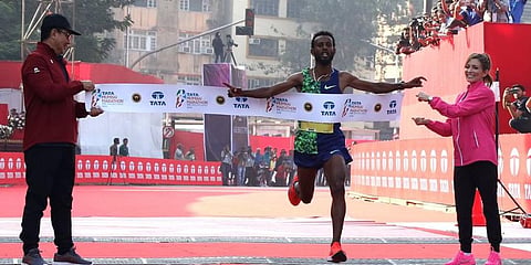 Derara Hurisa not only broke the course record, but with a timing of 2:08.09, he was 11 seconds faster than the second-placed Ayele. (Photo | Athletics Africa Twitter)