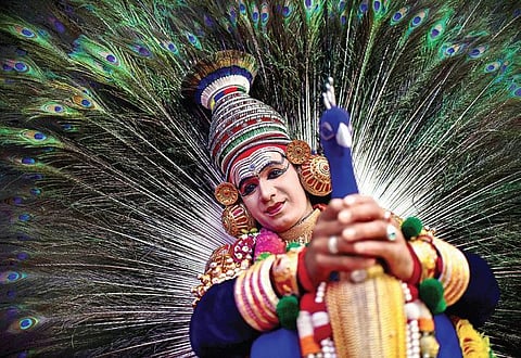 An artist performing peacock Mayooranritham a classical Kerala dance form in an event promoting Kerala tourism in Hyderabad. (Photo| EPS, Vinay Madupu)