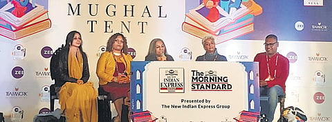 (L-R) Annie Zaidi, Roanna Gonsalves, Urvashi Butalia, Sunny Singh and Hansda Sowvendra Shekhar at the Jaipur Literature Festival. (Photo | EPS)