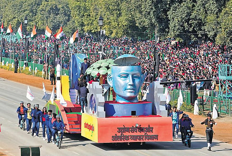 The Startup India tableaux takes part in full dr Tie-ups have been forged with firms offering ess rehearsal for the Republic Day parade in New Delhi | SHEKHAR YADAV