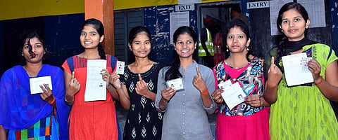 Women show ink marks after casting their vote during Karimnagar Municipal Elections on Friday. (Photo| EPS)