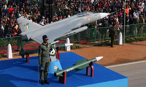 The IAF tableau with the Astra missile and a Rafale jet on display at Rajpath. (Photo | Shekhar Yadav, EPS)