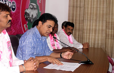 TRS working president KT Rama Rao addresses the media at Telangana Bhavan in Hyderabad on Monday. (Photo| Sathya Keerthi, EPS)
