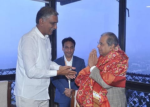 Finance Minister T Harish Rao with FFC chairman NK Singh in Delhi on Tuesday.