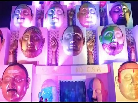 Saraswati Puja pandal features no CAA sign in Howrah. (Photo| ANI)
