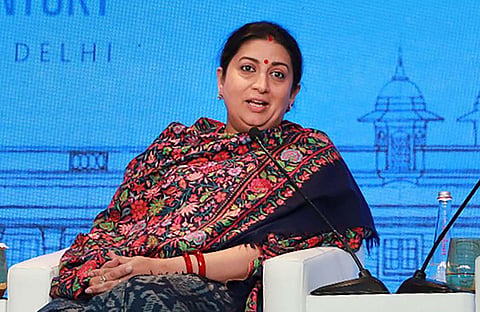 Union Minister for Women Child Development and Textiles Smriti Irani addresses the Raisina Dialogue 2020 in New Delhi Jan. 15 2020. (Photo | PTI)