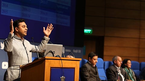 K. V. Subramanian Chief Economic Advisor with his team during a press conference on Economic Survey 2019-2020 in New Delhi on Friday. (Photo | Shekhar Yadav)
