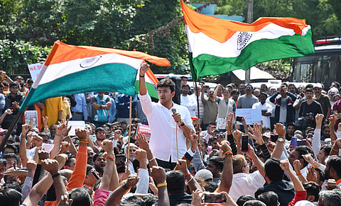 Bangalore South MP Tejasvi Surya addresses the gathering at Town Hall, Bengaluru, at a pro-CAA rally in mid-December 2019. (Photo | EPS, Shriram BN)