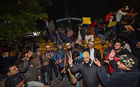 Students and other protest against the police action against students of the Jamia Millia Islamia University. at PHQ in New Delhi (File Photo | PTI)