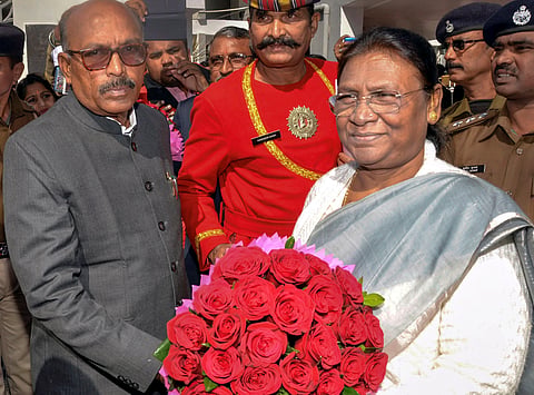 Newly-elected Speaker of Jharkhand Assembly Ravindra Nath Mahato (L) welcomes Governor Droupadi Murmu on the second day of the fifth session of the Assembly in Ranchi Tuesday Jan. 7 2020. (Photo | PTI)