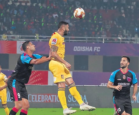 Action from the match between Odisha FC and Chennaiyin FC in Bhubaneswar on Monday. The hosts won 2-0 to climb to fifth spot on the table (Photo | Irfana, EPS)