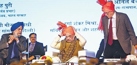 BJP President Amit Shah (C), Delhi L-G Anil Baijal and Union minister Hardeep Singh Puri at the foundation stone laying ceremony of The Delhi Cycle Walk at Tughlakabad on Monday. (Photo | Arun Kumar, EPS)
