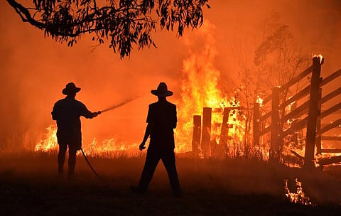 Residents defend a property from a bushfire at Hillsville near Taree, 350km north of Sydney. (File Photo | AFP)