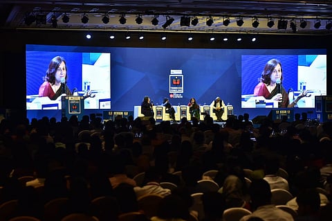 Economist and author Bibek Debroy, Scientist at TIFR Arnab Bhattacharya and CEO, HIAL, Gitanjali JB deliberate on 'Does India's history have a place in tomorrow's science' at a session chaired by Kaveree Bamzai, Senior Journalist at the ThinkEdu conclave