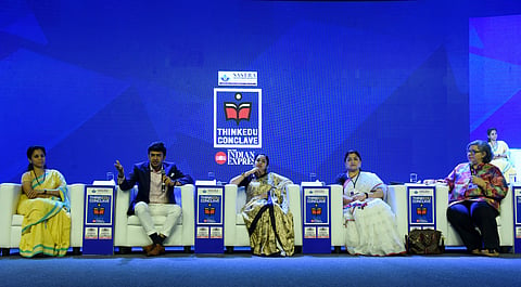 BJP MP Tejasvi Surya flanked by NCP leader Supriya Sule (extreme left), DMK MP Thamizhachi Thangapandian and Congress spokesperson Khushbu Sundar during ThinkEdu conclave on Thursday. (Photo | R Satish Babu, EPS)