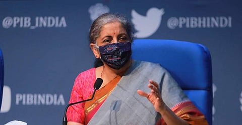 Union Finance Minister Nirmala Sitharaman addressing a press conference at National Media Centre in New Delhi on Monday. (Photo | Shekhar Yadav/EPS)