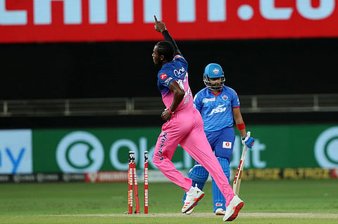 Jofra Archer of Rajasthan Royals celebrates the wicket of Prithvi Shaw. (Photo | IPL)