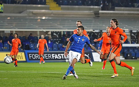 Italy's Lorenzo Pellegrini scores his side's opening goal during the UEFA Nations League soccer match between Italy and the Netherlands (Photo | AP)