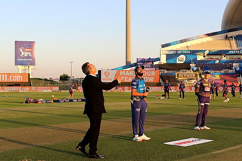Rohit Sharma captain of Mumbai Indians and Eoin Morgan captain of Kolkata Knight Riders during the toss. (Photo | IPL)
