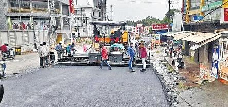Tarring in progress at Balaramapuram as part of the four-lane widening of the second reach of Karamana-Kaliyikkavila stretch