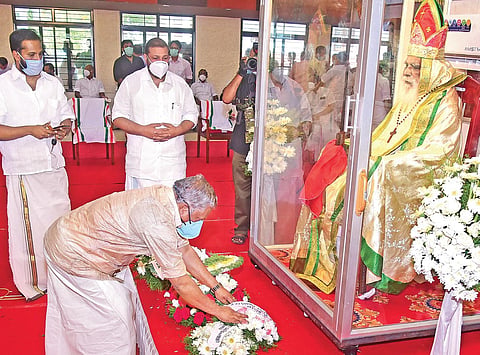 Forest Minister K Raju paying his last respects to Joseph Mar Thoma Metropolitan who passed away in Tiruvalla on Sunday | Shaji Vettipuram