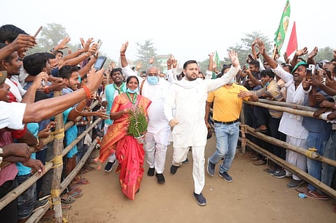RJD leader Tejashwi Yadav during a poll rally (Photo | Twitter/@RJDforIndia)