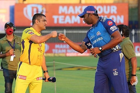 Chennai Super Kings captain MS Dhoni and Mumbai Indians skipper Kieron Pollard. (Photo | Twitter)