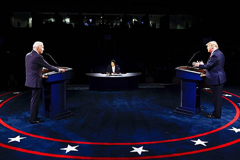 President Donald Trump and Democratic presidential candidate former Vice President Joe Biden participate in the final presidential debate at Belmont University, Thursday, Oct. 22, 2020. (Photo | AP)