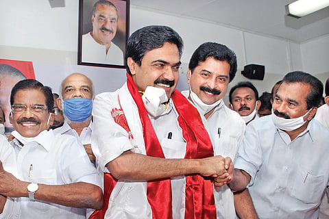 Leaders and colleagues greet Kerala Congress(M) chairman Jose K Mani at the party headquarters in Kottayam. (File Photo| EPS)