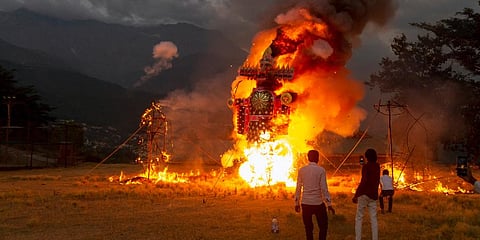 Effigies of Ravana and his kins are burned during Dussehra festival celebrations toned down due to the coronavirus pandemic in Dharmsala. (Photo | AP)