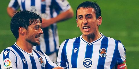 Real Sociedad's David Silva and Mikel Oyarzabal after the match. (Photo | Twitter @RealSociedadEN)